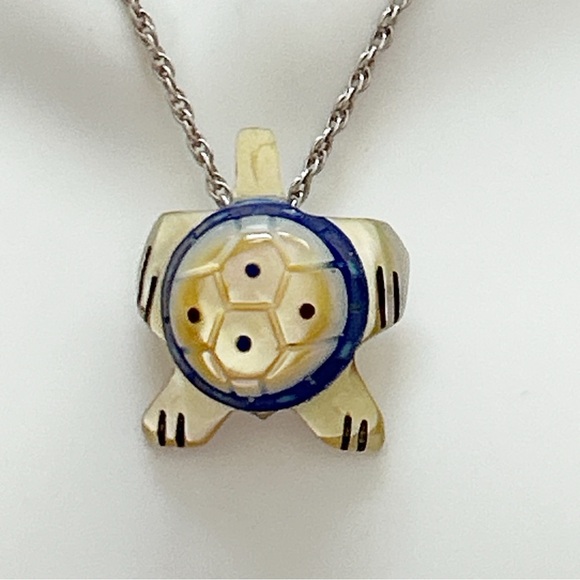 Vintage Jewelry - Vintage Southwestern Mother of Pearl Lapis Onyx Turtle Sterling Silver Necklace